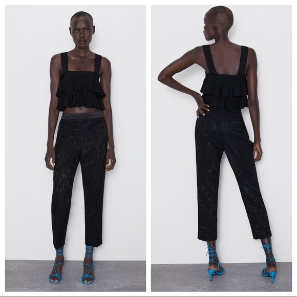 NWT. Zara Black Lace Tuxedo Mid-rise Pants Size XS - Picture 1 of 7